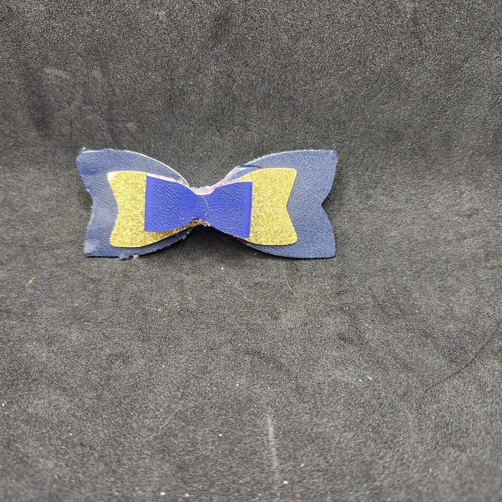 Handmade Blue & Gold Glitter Faux Leather Hair Bow Barrette Hair Clip